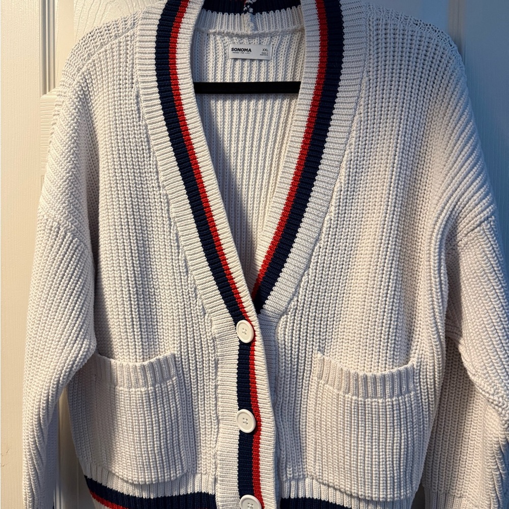Sonoma White Cardigan with Navy and Red Trim